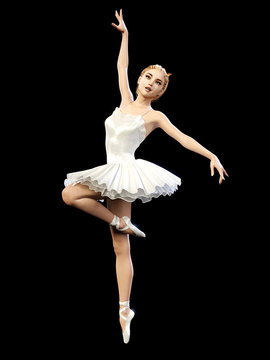 Dancing ballerina 3D. White ballet tutu. Blonde girl with blue eyes. Ballet dancer. Studio photography. High key. Conceptual fashion art. Render realistic illustration. Black background.