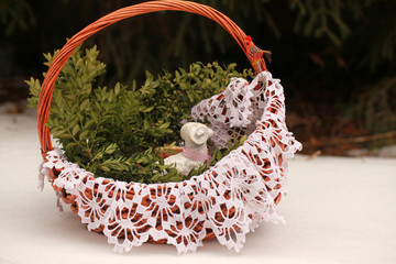 Polish easter traditions - beautiful wicker basket, with white hand made cloth, and old white lamb, with food to be blessed in church
