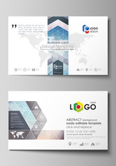 The minimalistic abstract vector illustration of the editable layout of two creative business cards design templates. Polygonal geometric linear texture. Global network, dig data concept.