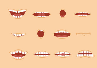 Cartoon skin color mouths set. Smile. Funny Cartoon mouth set with different expressions. Smile with teeth, sticking out tongue, surprised. Cartoon talking mouth and lips expressions vector animation