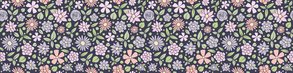 Panoramic header with cute flowers. Vector.