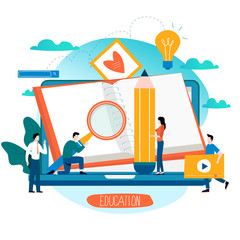 Education, online training courses, distance education flat vector illustration. Internet studying, online book, tutorials, e-learning, online education design for mobile and web graphics