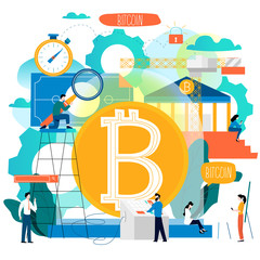 Bitcoin, blockchain technology, altcoin, cryptocurrency mining, finance, digital money market, cryptocoin wallet, crypto exchange flat vector illustration for mobile and web graphics