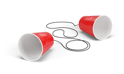 Disposable cup phone isolayed on white. Communication concept. 3d rendering