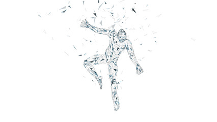 Conceptual abstract man is soaring in air. Connected lines, dots, triangles, particles isolated on white. Artificial intelligence concept. High technology vector, digital background. 3D render vector
