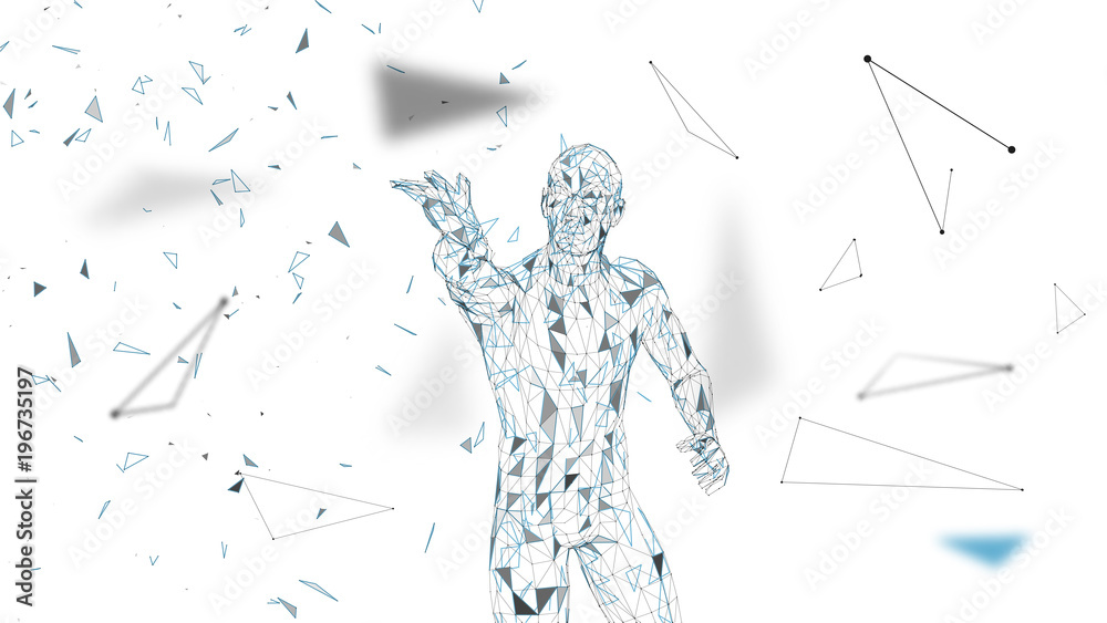 Poster conceptual abstract man touching or pointing to something. connected lines, dots, triangles, particl