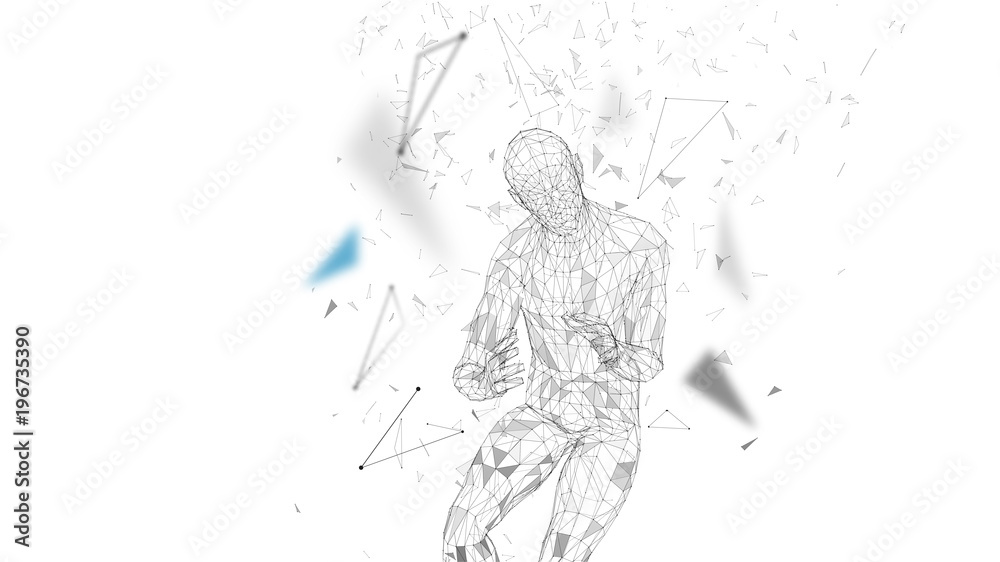 Poster conceptual abstract man with protective gesture. connected lines, dots, triangles, particles. cloud 