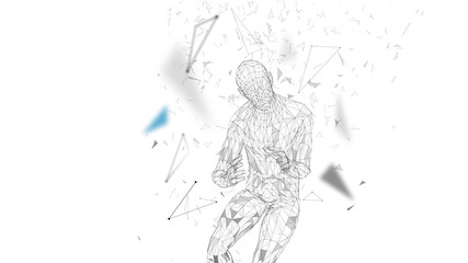 Conceptual abstract man with protective gesture. Connected lines, dots, triangles, particles. Cloud computing security concept. High technology vector, digital background. 3D render vector.