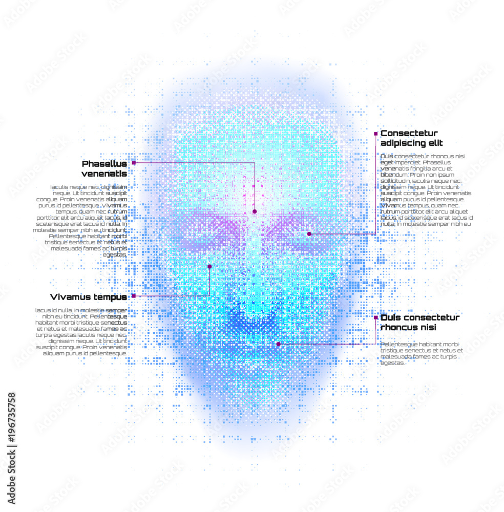 Poster 3d rendering of robot face with numbers on white background represent artificial intelligence. futur