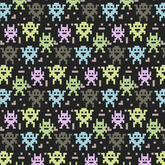 Pattern ornament with pixel art green blue and gray monsters on black background