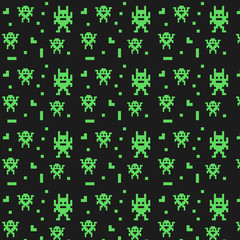 Pattern game ornament with pixel art with green monsters on black background