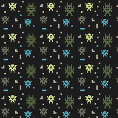 Pattern ornament with pixel art green blue and gray monsters on black background