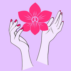 Illustration of a pink orchid held in the air by two female hands.   Orchid as metaphor of the women. I wanted to represent the power women have to change the world and help each other.