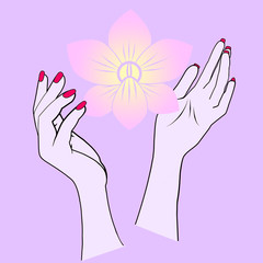 Illustration of a pink orchid held in the air by two female hands.   Orchid as metaphor of the women. I wanted to represent the power women have to change the world and help each other.