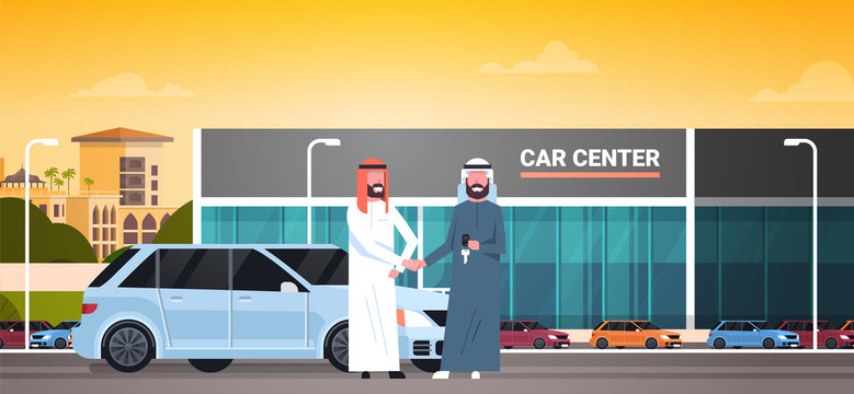 Car Showroom Background, Purchase Sale Or Rental Center Arab Seller Man Giving Keys To Owner Flat Vector Illustration