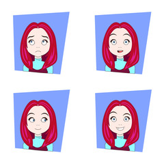 Cute Girl With Different Facial Emotions Set Of Young Red Hair Woman Face Expressions Vector Illustration