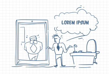 Doodle Business Man On Video Conference Meeting In Office Hand Drawn Over Background With Copy Space Vector Illustration