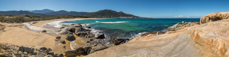 Panoramic view of Algajola beach and village in Corsica