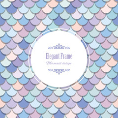 Mermaid tail trendy card template. Included fish skin seamless pattern in pastel purple. For greeting card, poster, notebook, album cover, website backdrop.