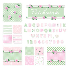 Patchwork girly decorative elements big set. Shabby chic textile font and seamless pattern collection. Different fabric pieces collage, decorated with lace and roses. Vector