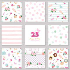 Birthday templates set. Cute seamless patterns with sweets and decotative elements. For greeting card, poster, notebook, album cover, website backdrop.