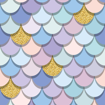 Mermaid tail seamless pattern with gold glitter elements. Colorful fish skin background. Trendy pastel pink and purple colors. For print and web.