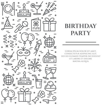 Birthday party theme banner consisting of line icons with editable stroke in form of rectangle.