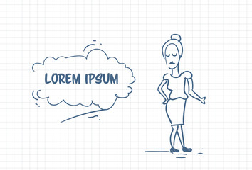 Doodle Business Woman Hand Drawn Over Background With Copy Space Vector Illustration