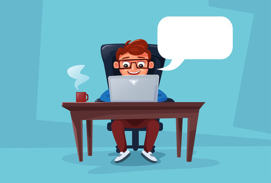 Man Working On Laptop Computer Sitting At Desk Flat Vector Illustration