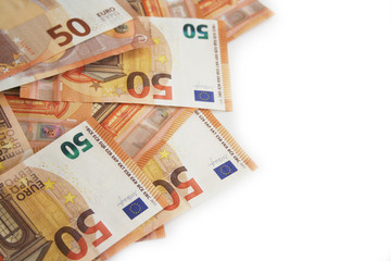 Fifty euros banknote on white background.Selective focus
