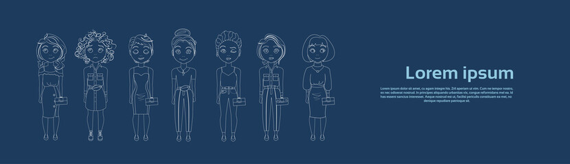 Group Of Sketch Young Woman Cute Girls Outline Full Length On Background With Copy Space Vector Illustration