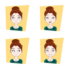 Cute Girl With Different Facial Emotions Set Of Young Woman Face Expressions Vector Illustration
