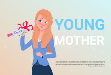 Young Mother Holding Positive Prenancy Test With Red Ribbon Bow Over Template Background Flat Vector Illustration