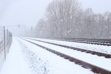 Snowy railway in winter. Rail Baltica railroad with protective fences. 
