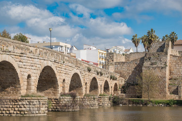 View of the ancient Roman bridge of the city of Merida, ancient Emerita Augusta in Roman times