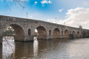 View of the ancient Roman bridge of the city of Merida, ancient Emerita Augusta in Roman times