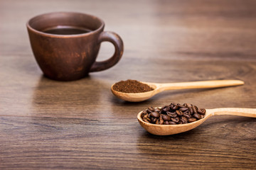  cup of coffee,  grain of coffee and ground coffee in wooden spoons, selling and buying coffee