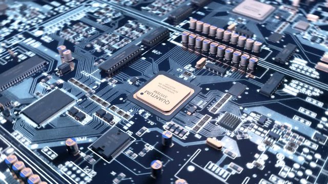 Camera rotates around CPU inside a multi core server. The quantum processor is installed on a circuit motherboard. Seamless loop animation with blue glitch effects , 4K