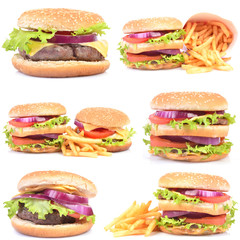 Hamburgers with fried potatoes on a white background