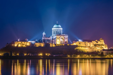 The Basilica of Esztergom at night in Hungary