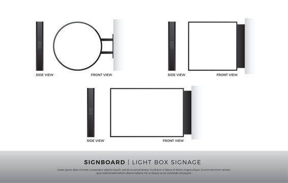 Signboard Blank Round, Square, Rectangle lightbox signage Mockup Template Mounted on the Wall. vector illustration