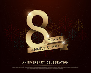 8th years anniversary celebration gold number and golden ribbons with fireworks on dark background. vector illustration - obrazy, fototapety, plakaty