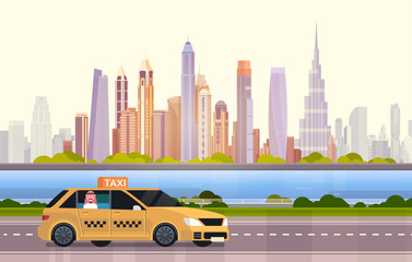 Fototapeta na wymiar Yellow Taxi Car Cab On Road Over Dubai City Background Flat Vector Illustration
