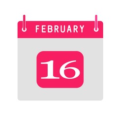 Calendar flat icon 16th of February. Vector illustration.