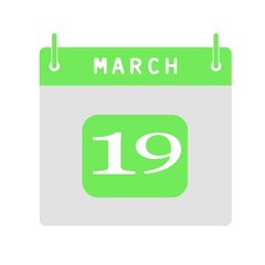 Calendar flat icon 19th of March. Vector illustration.