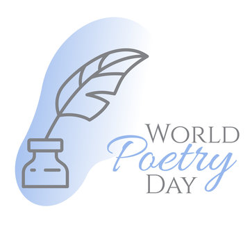 World poetry day banner with thin line inkwell and feather in it on blue background.