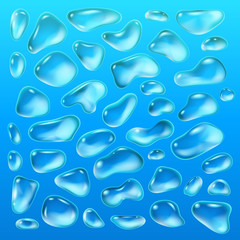 Realistic drops of a rain on a blue background in the form of glass. Abstract set. Vector illustration.