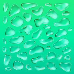 Realistic drops of a rain on a green background in the form of glass. Abstract set. Vector illustration.
