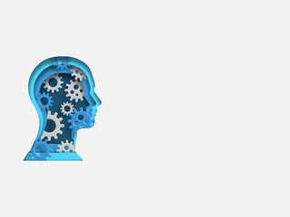 Curvilinear form of human brain containing wheels. Volumetric multilevel cut from a paper of a profile of person. Business concept. Creative idea. Technology background. 