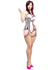 Tall sexy woman white corset and dark stockings garters.Burlesque show.Girl magnificent voluptuous shapes.Conceptual fashion art.Seductive candid pose.Realistic 3D render illustration.Studio